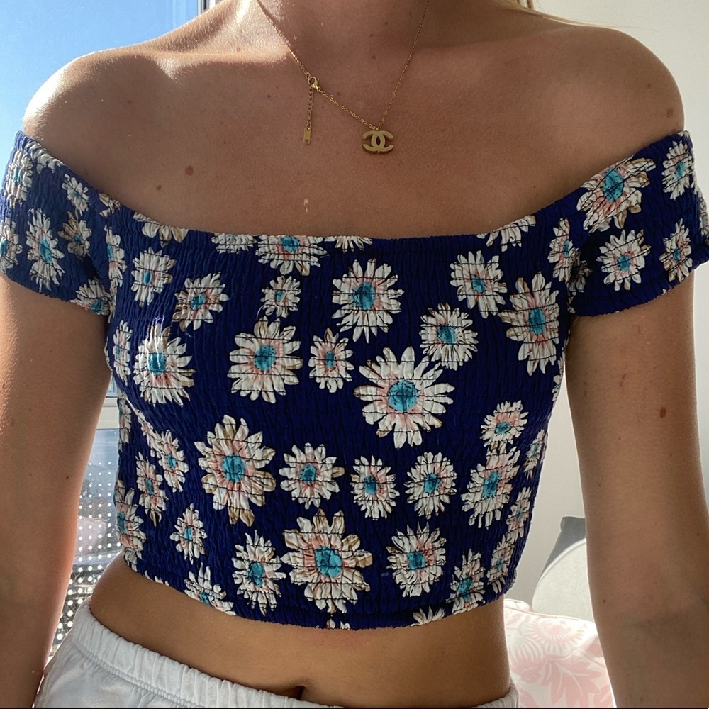 Blue Floral Off Shoulder Smocked Crop Top
